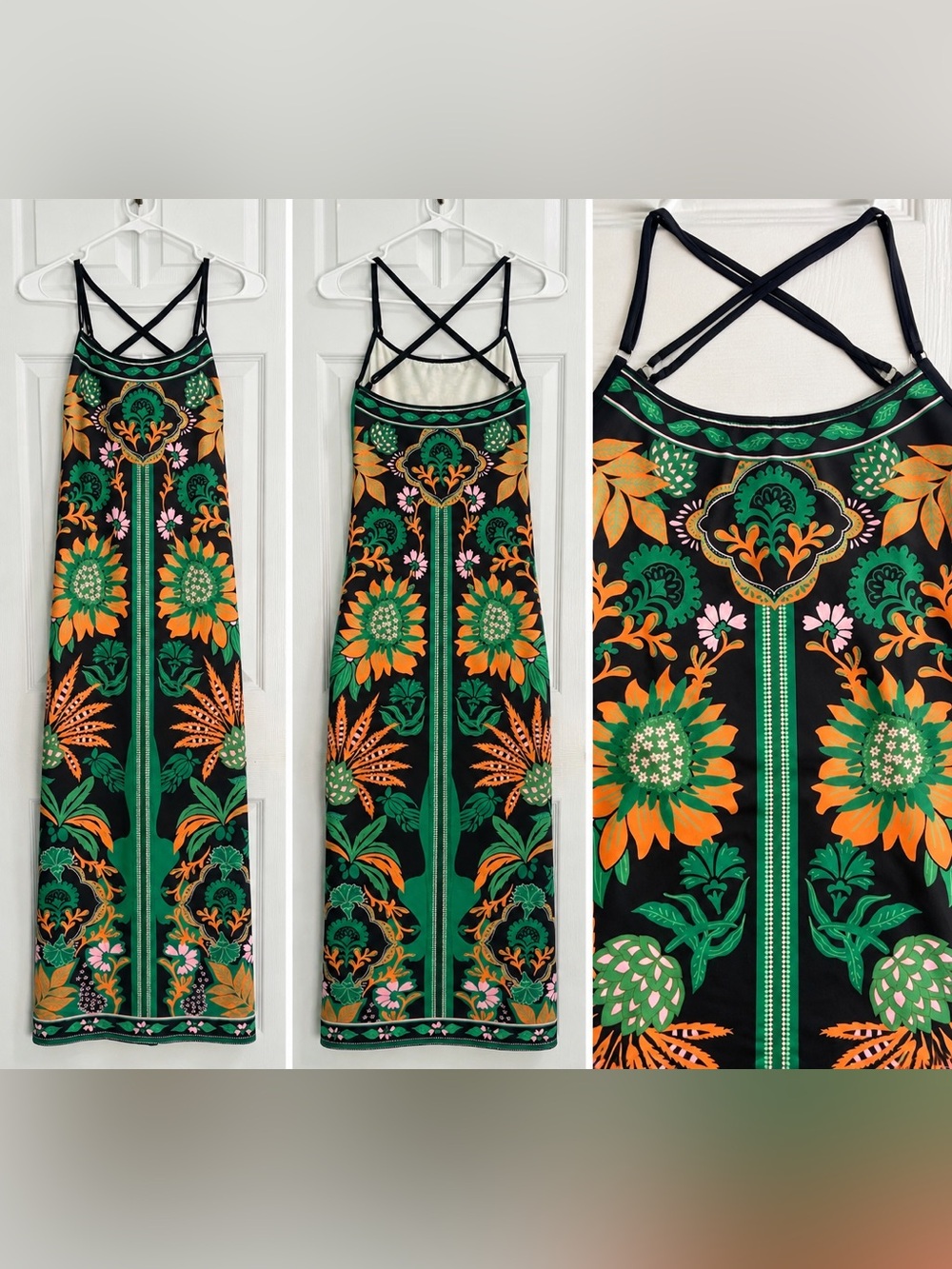 SHEIN Black Maxi Dress with Green & Orange Floral Print
